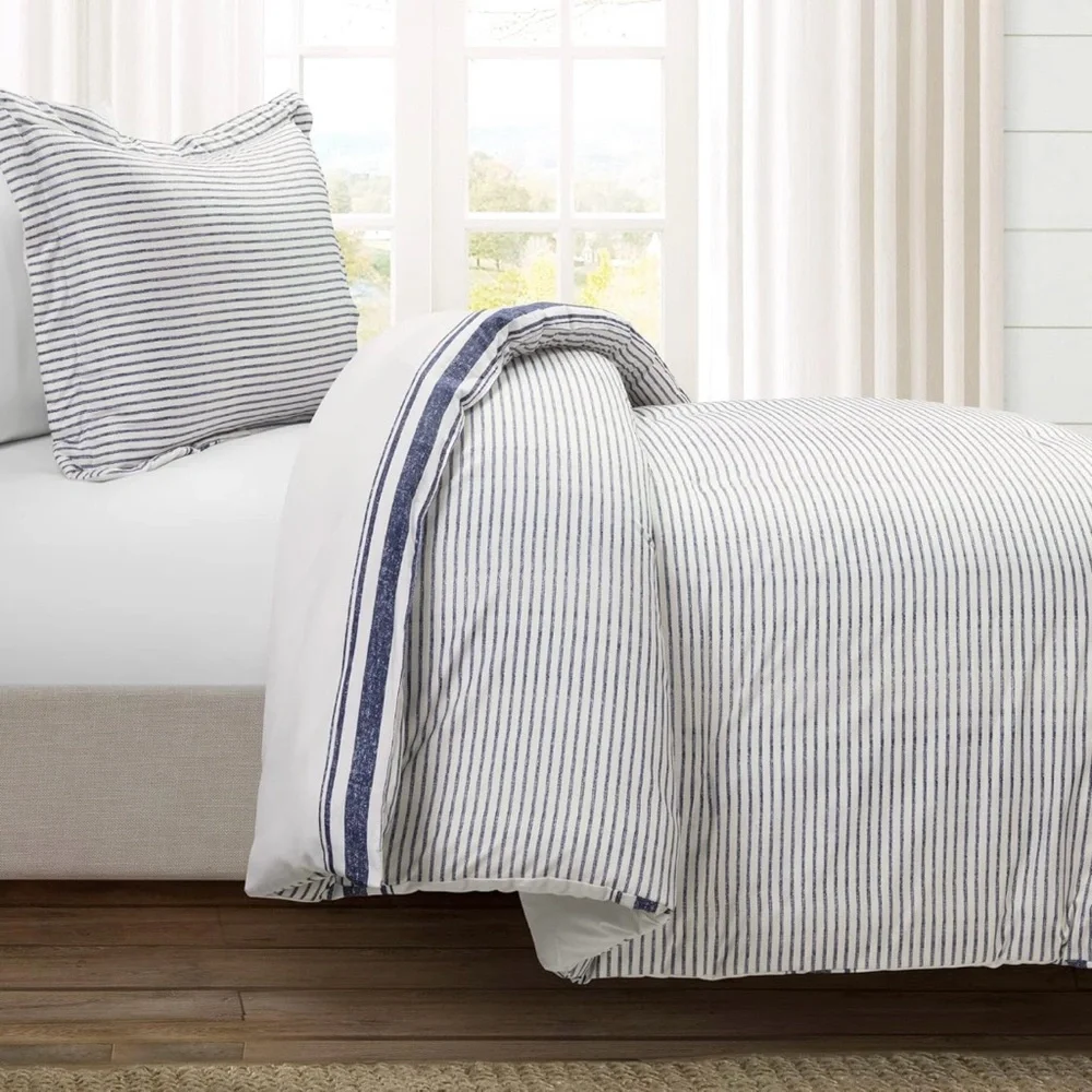 Lush Decor Farmhouse Stripe Reversible Cotton Comforter Set,2-Piece,Twin XL Navy
